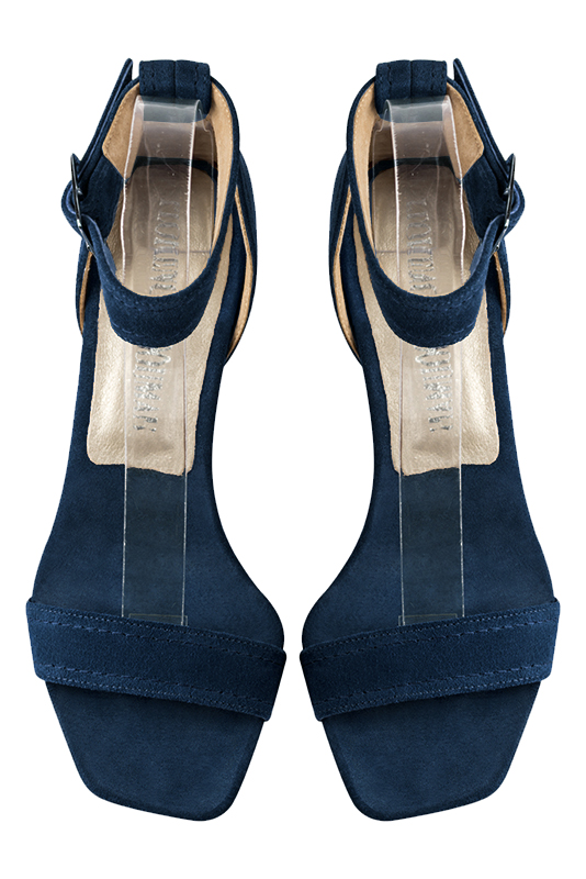 Navy blue women's closed back sandals, with a strap around the ankle. Square toe. Medium wedge heels. Top view - Florence KOOIJMAN